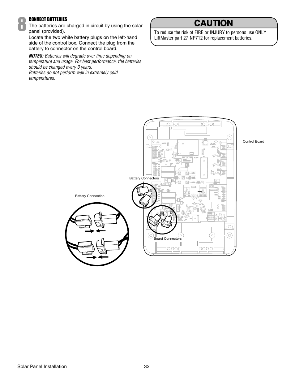 Connect batteries, Solar panel installation 32 | Chamberlain LA412 User Manual | Page 32 / 48