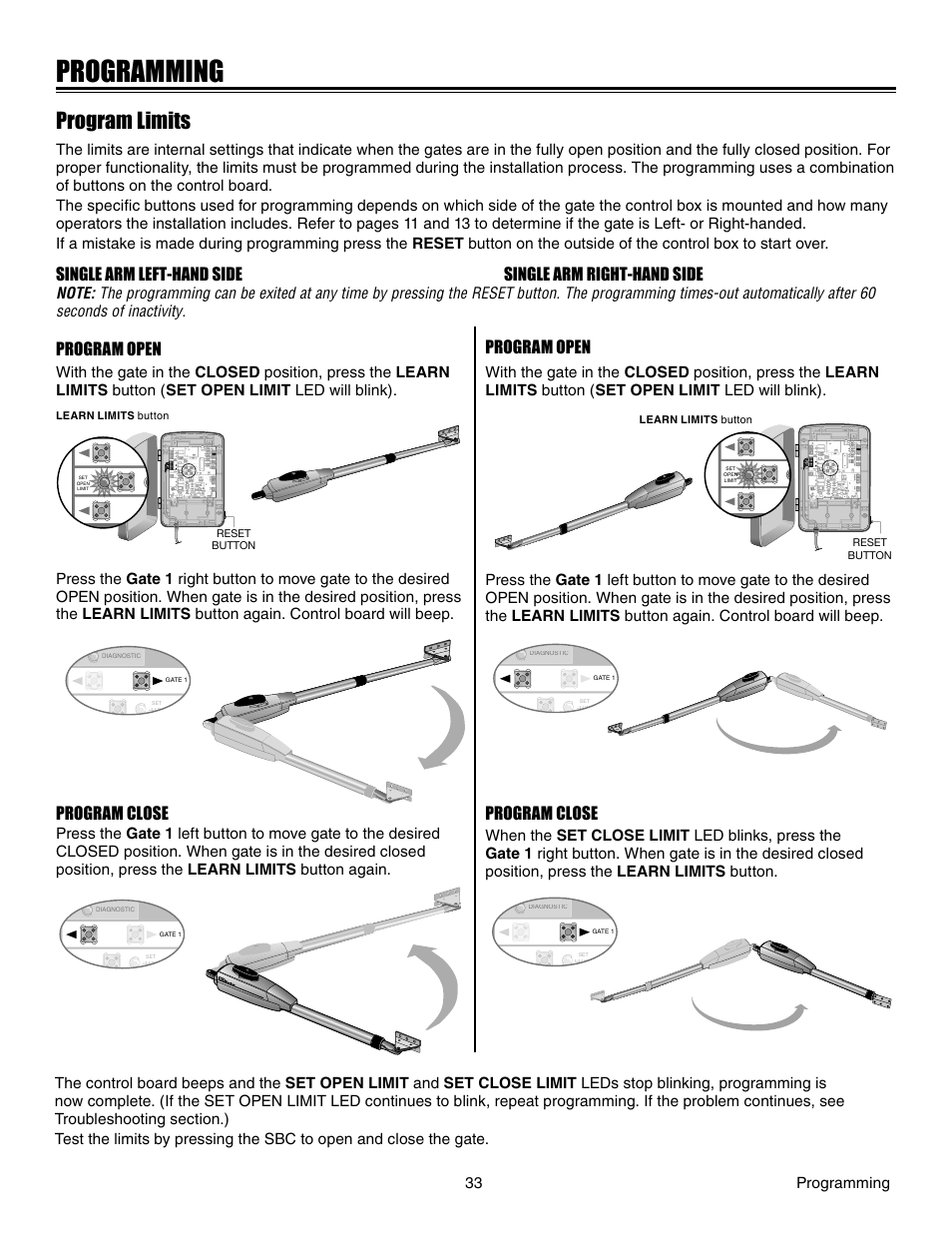 Programming, Program limits, Single arm left-hand side | Single arm right-hand side | Chamberlain LA412 User Manual | Page 33 / 48