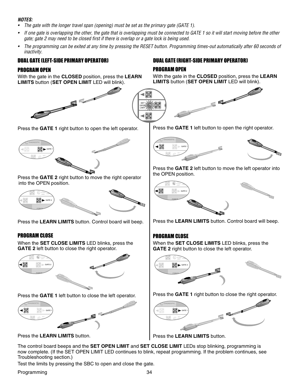 Dual gate (left-side primary operator), Dual gate (right-side primary operator), Program open | Program open program close program close | Chamberlain LA412 User Manual | Page 34 / 48