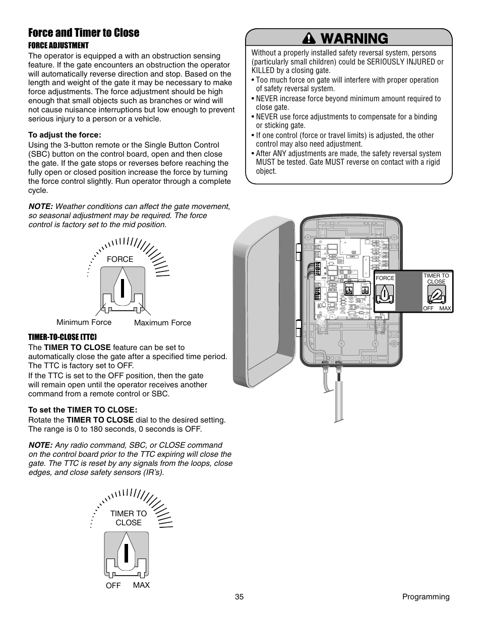 Force and timer to close | Chamberlain LA412 User Manual | Page 35 / 48