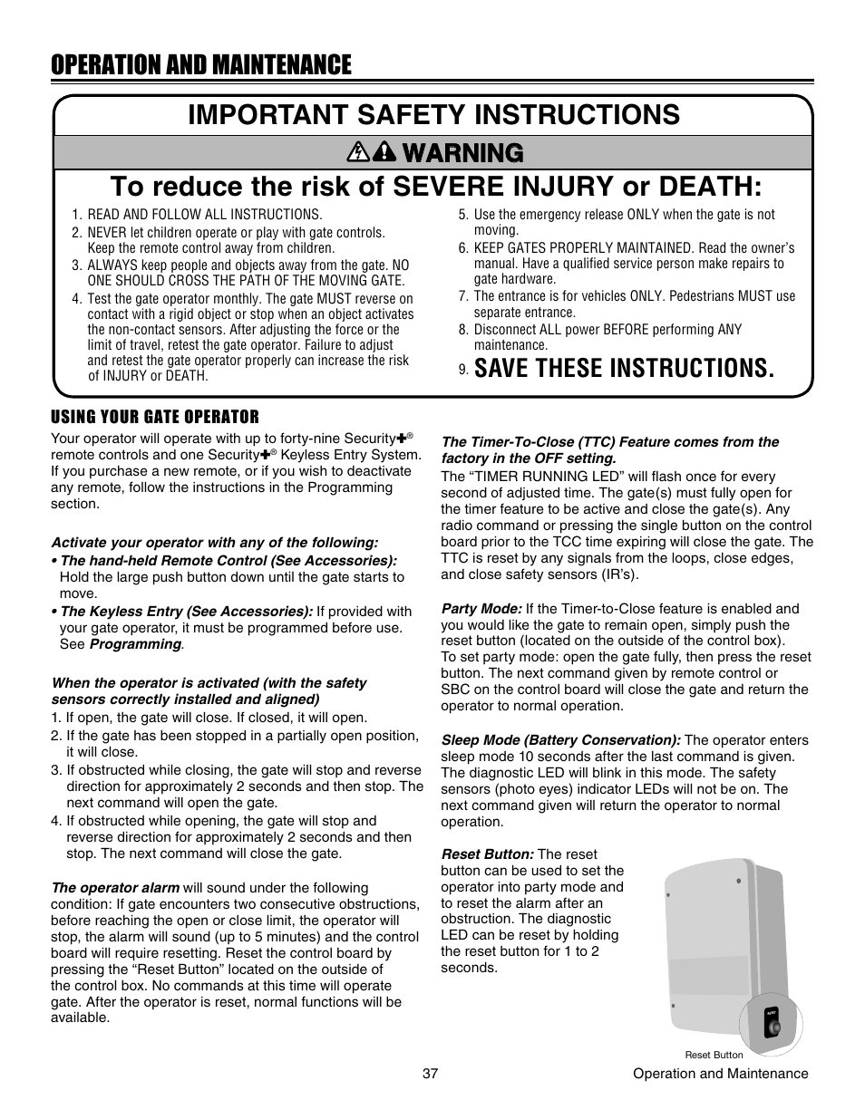 Operation and maintenance, Using your gate operator | Chamberlain LA412 User Manual | Page 37 / 48