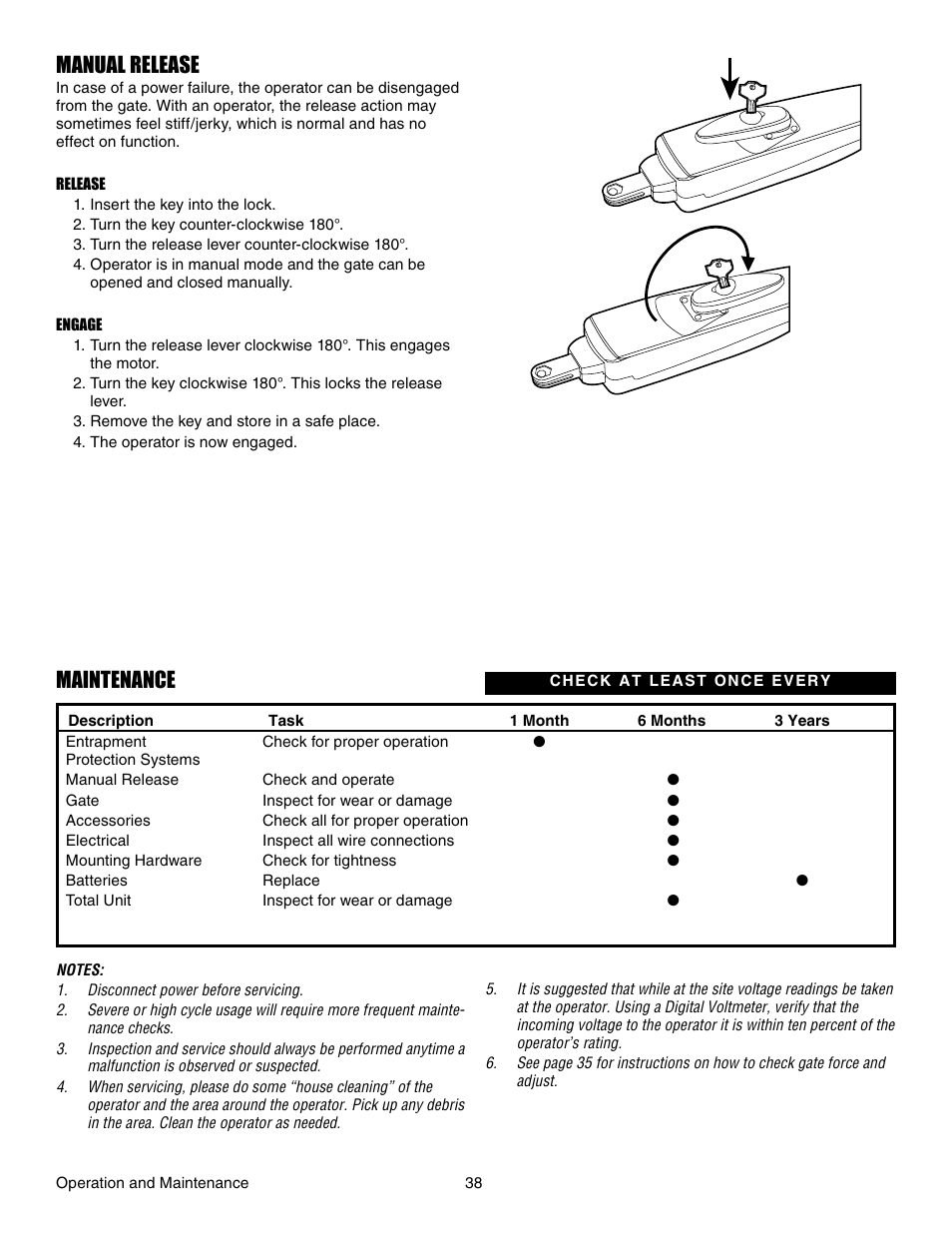 Manual release, Maintenance | Chamberlain LA412 User Manual | Page 38 / 48