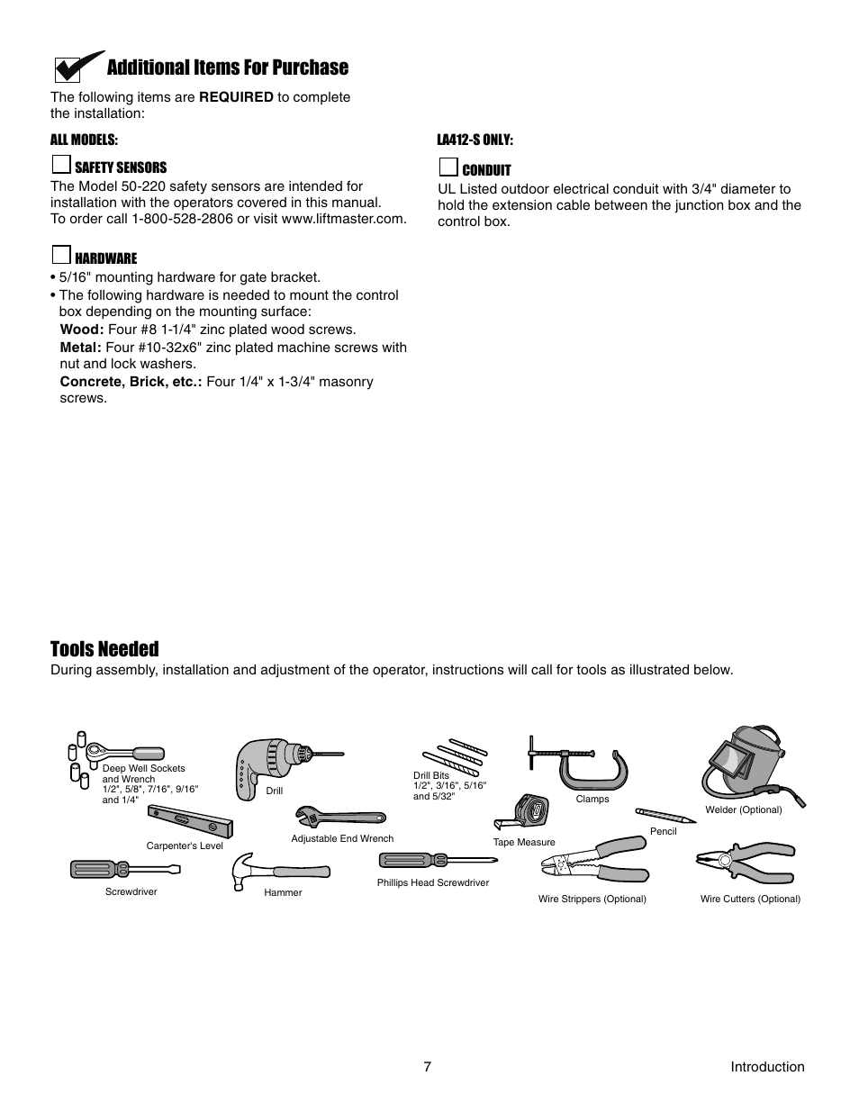 Additional items for purchase, Tools needed | Chamberlain LA412 User Manual | Page 7 / 48