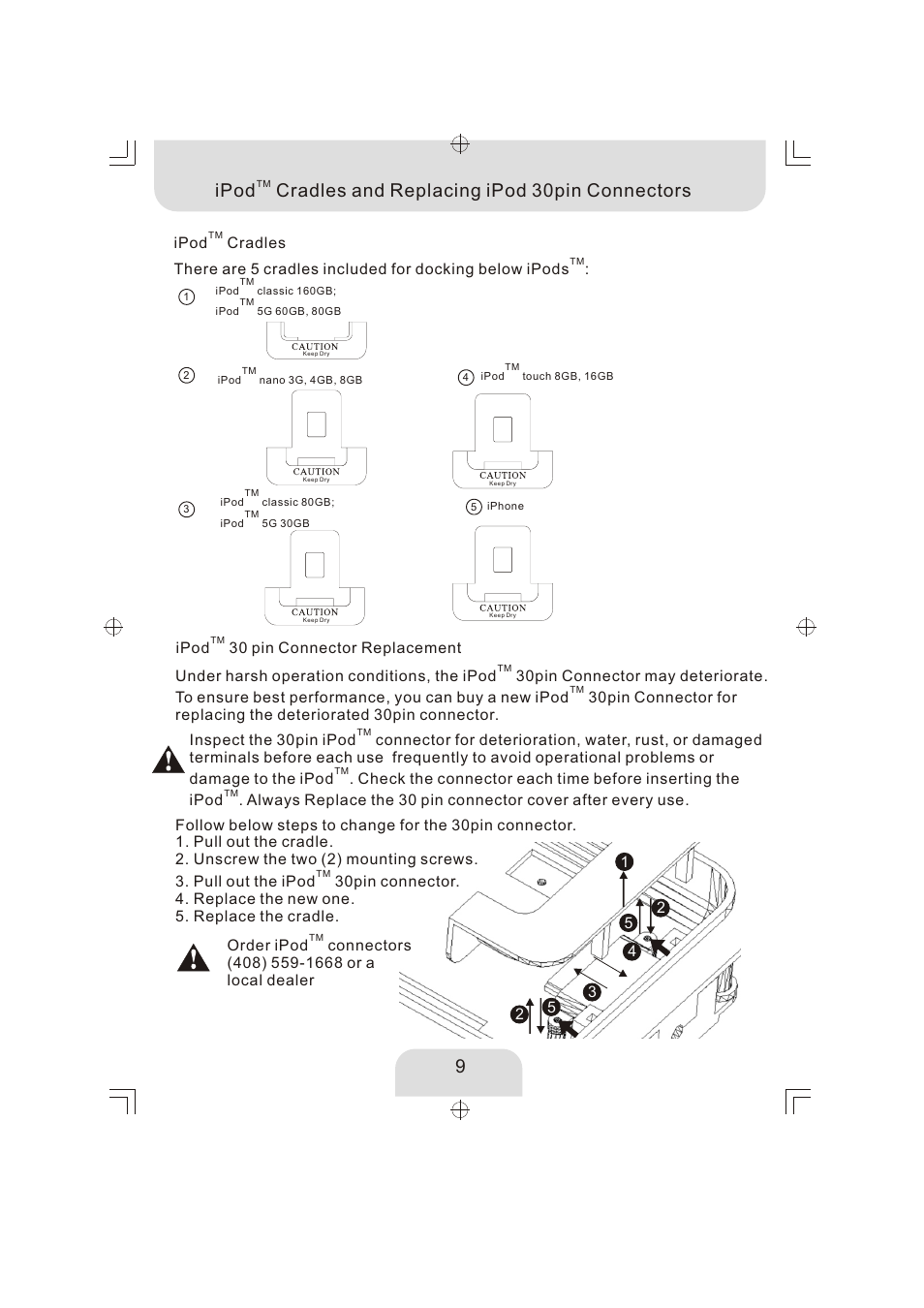 頁面 10, Ipod cradles and replacing ipod 30pin connectors | Aquatic AV AQ-DM-2BX User Manual | Page 10 / 12