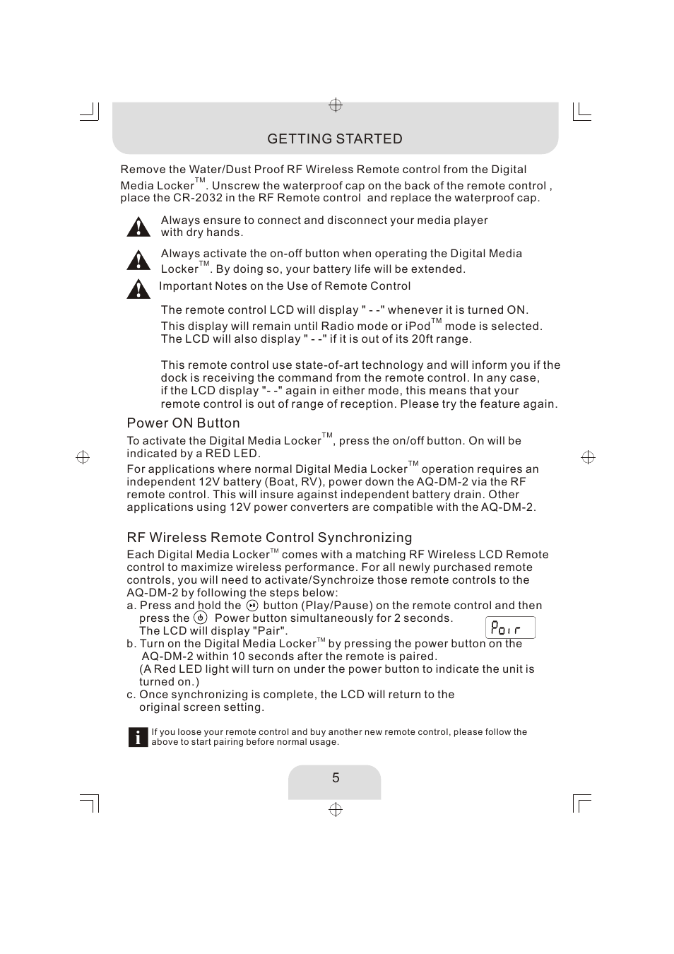 頁面 5, Getting started power on button, Rf wireless remote control synchronizing | Aquatic AV AQ-DM-2BX User Manual | Page 5 / 12