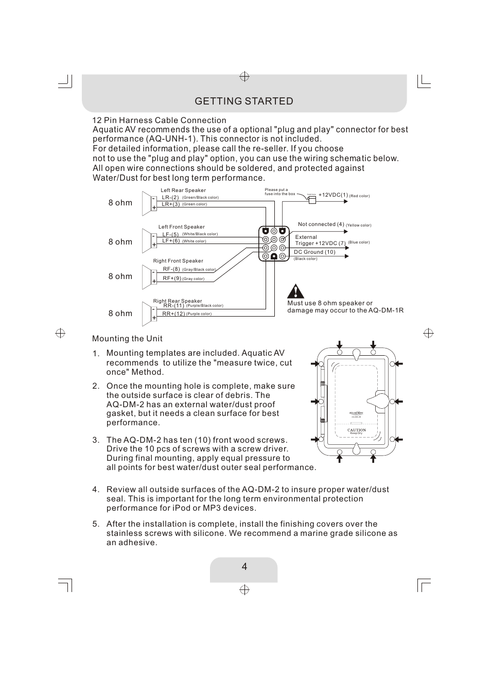 頁面 6, Getting started, 12 pin harness cable connection | Aquatic AV AQ-DM-2BX User Manual | Page 6 / 12