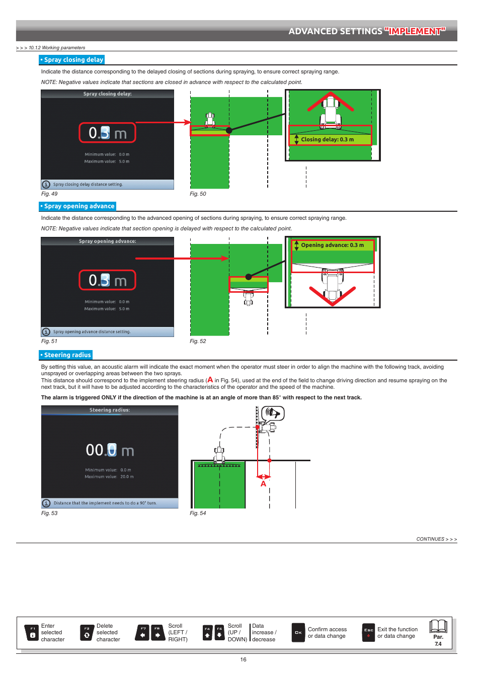 Spray closing delay, Spray opening advance, Steering radius | Advanced settings "implement | ARAG Navigator LT User Manual | Page 16 / 68