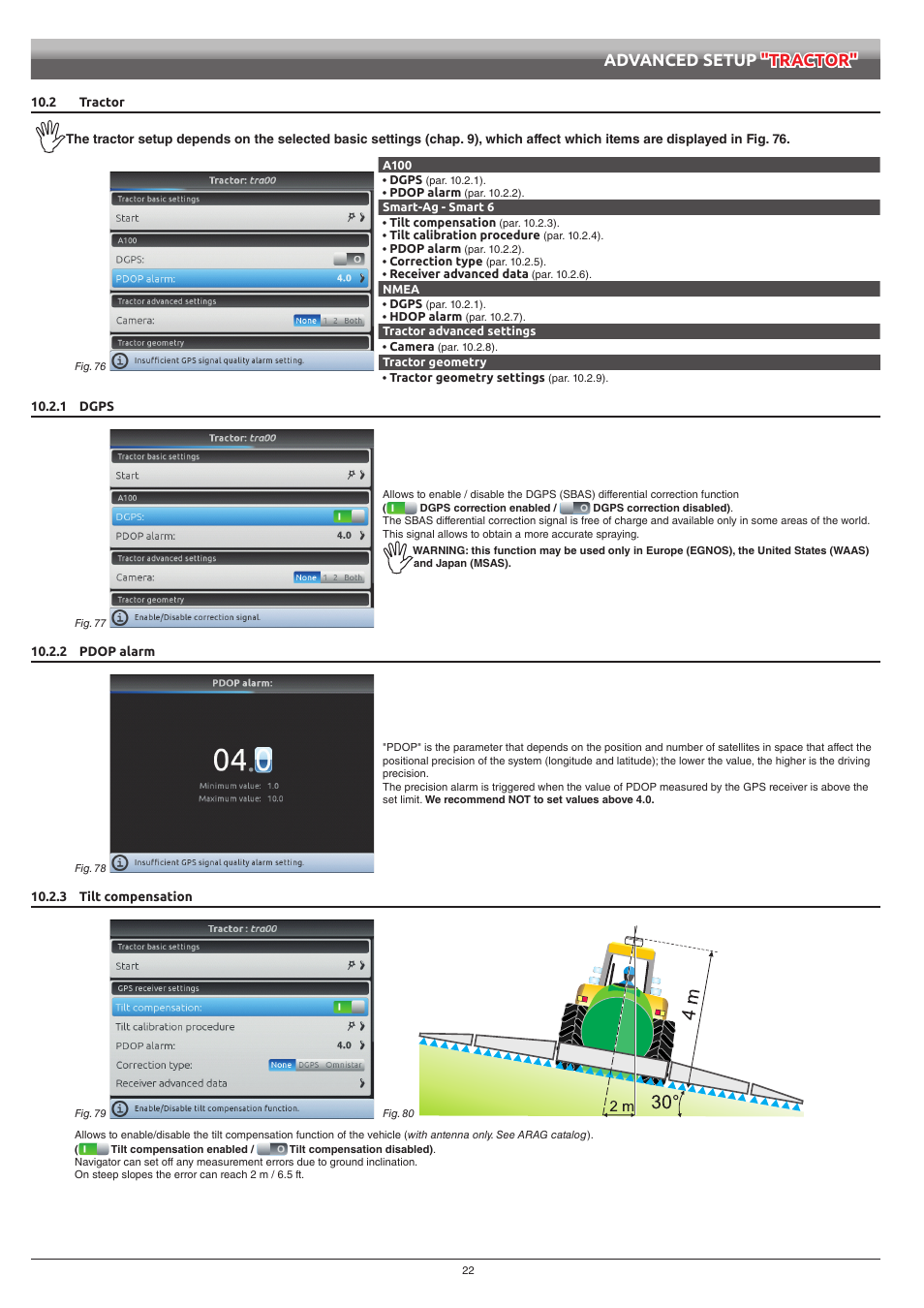 2 tractor, 1 dgps, 2 pdop alarm | 3 tilt compensation, 1 dgps 10.2.2 pdop alarm 10.2.3 tilt compensation, Advanced setup "tractor | ARAG Navigator LT User Manual | Page 22 / 68
