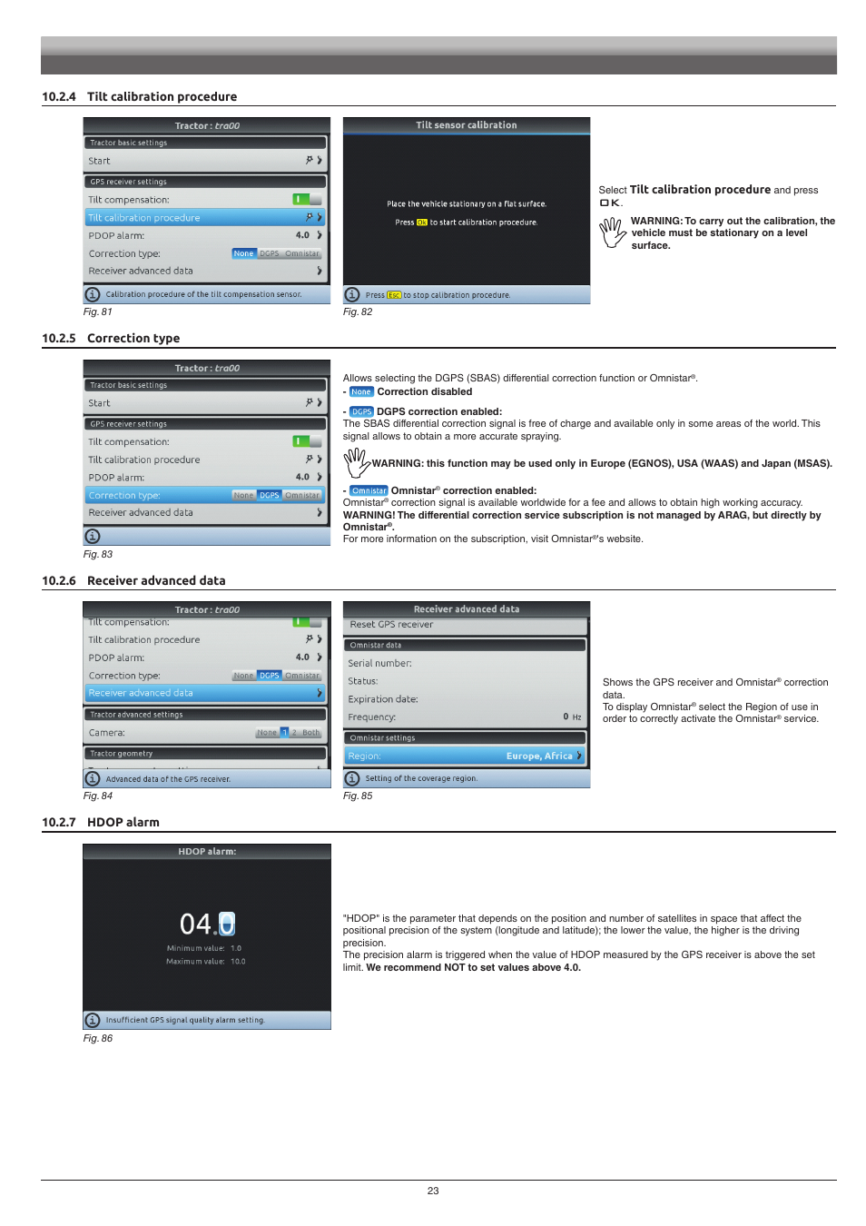 4 tilt calibration procedure, 5 correction type, 6 receiver advanced data | 7 hdop alarm | ARAG Navigator LT User Manual | Page 23 / 68