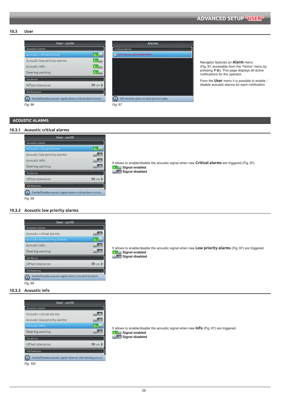 3 user, Acoustic alarms, 1 acoustic critical alarms | 2 acoustic low priority alarms, 3 acoustic info, Advanced setup "user | ARAG Navigator LT User Manual | Page 26 / 68
