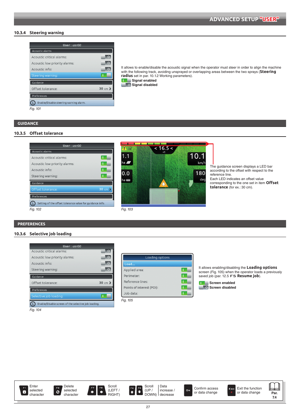4 steering warning, Guidance, 5 offset tolerance | Preferences, 6 selective job loading, Advanced setup "user | ARAG Navigator LT User Manual | Page 27 / 68