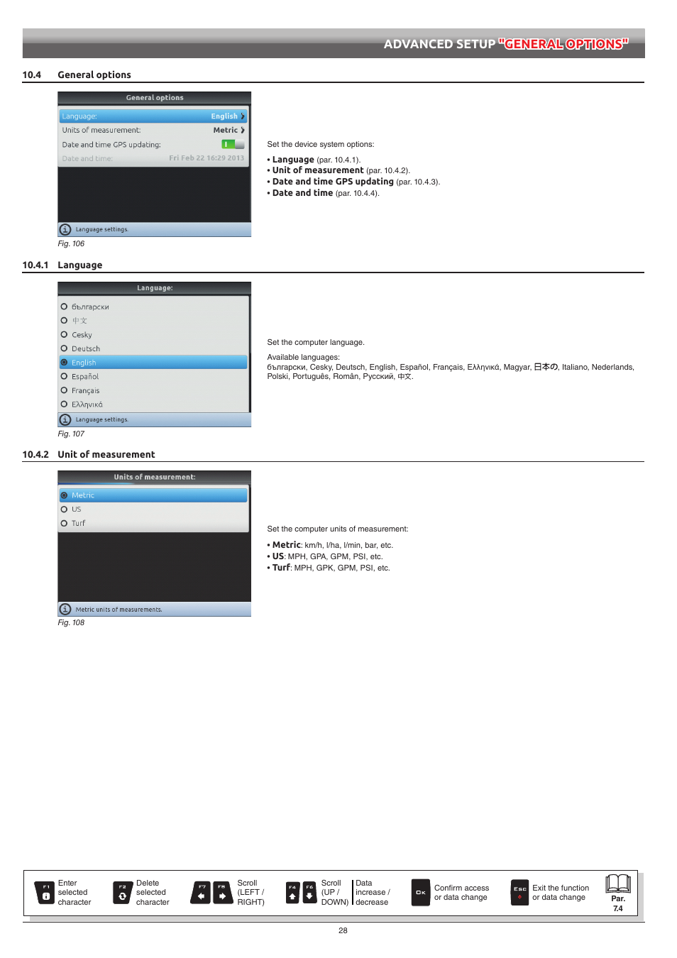 4 general options, 1 language, 2 unit of measurement | 1 language 10.4.2 unit of measurement, Advanced setup "general options | ARAG Navigator LT User Manual | Page 28 / 68