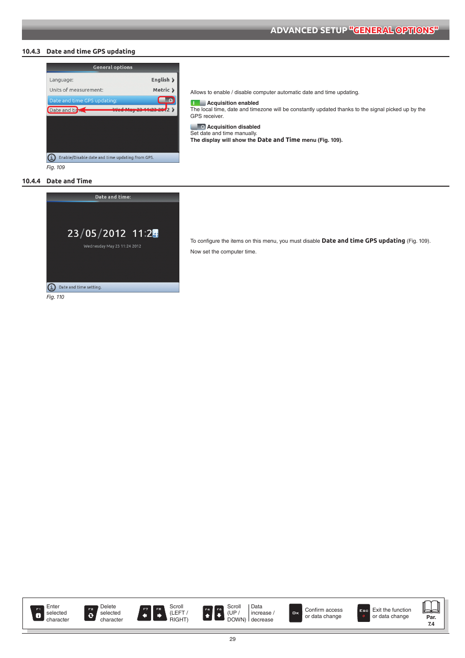 3 date and time gps updating, 4 date and time, 3 date and time gps updating 10.4.4 date and time | Advanced setup "general options | ARAG Navigator LT User Manual | Page 29 / 68