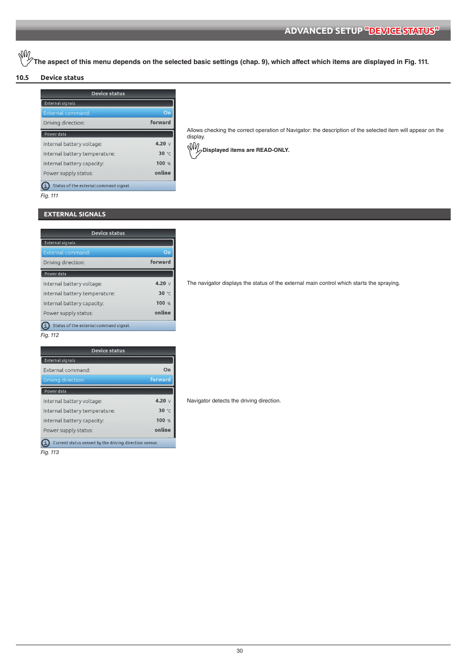 5 device status, External signals, Advanced setup "device status | ARAG Navigator LT User Manual | Page 30 / 68