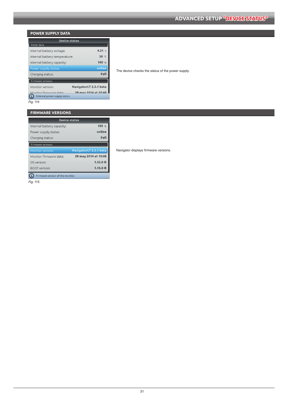 Power supply data, Firmware versions, Advanced setup "device status | ARAG Navigator LT User Manual | Page 31 / 68