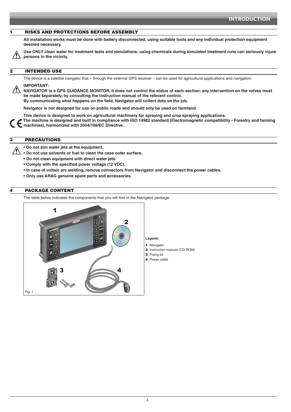 1 risks and protections before assembly, 2 intended use, 3 precautions | 4 package content, Introduction | ARAG Navigator LT User Manual | Page 4 / 68