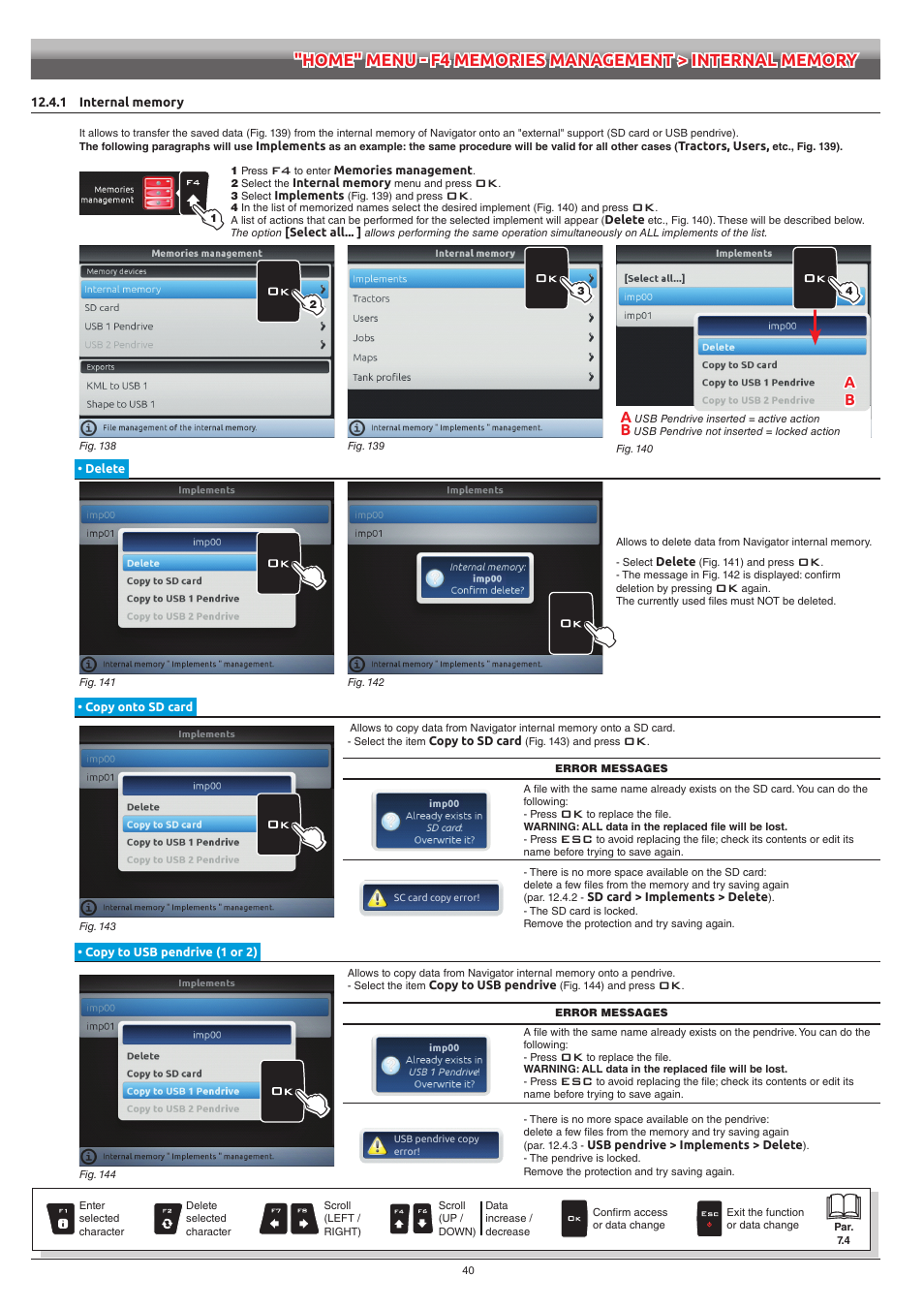 1 internal memory, Delete, Copy onto sd card | Copy to usb pendrive (1 or 2) | ARAG Navigator LT User Manual | Page 40 / 68