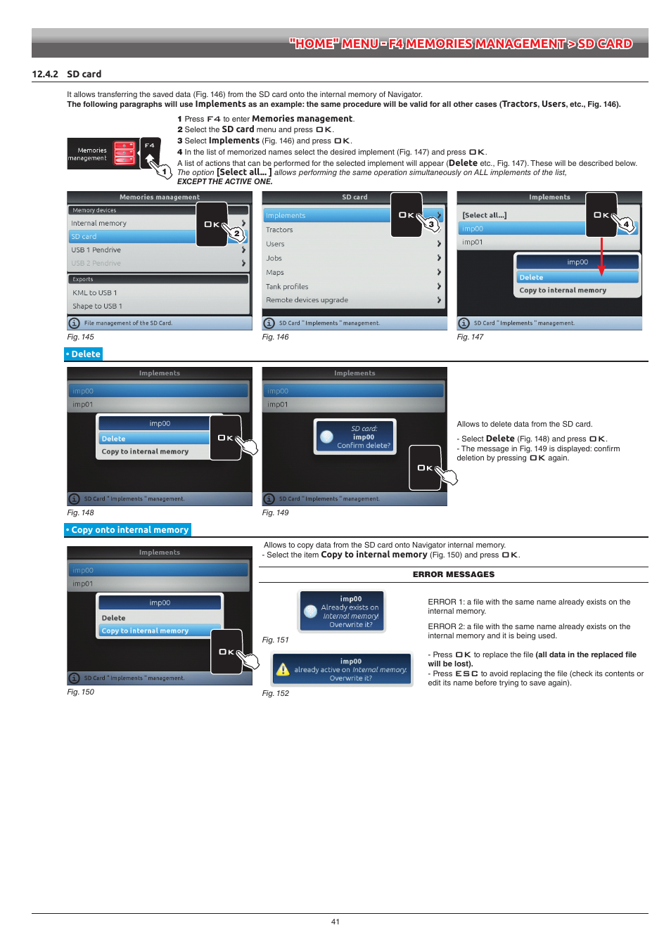 2 sd card, Delete, Copy onto internal memory | ARAG Navigator LT User Manual | Page 41 / 68