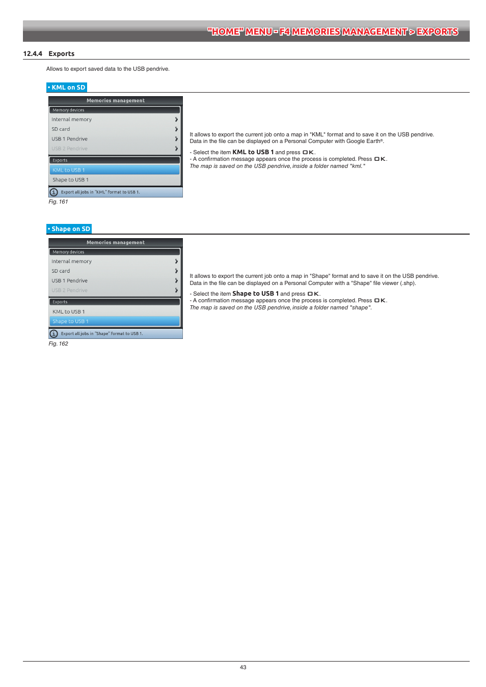 4 exports, Kml on sd, Shape on sd | ARAG Navigator LT User Manual | Page 43 / 68