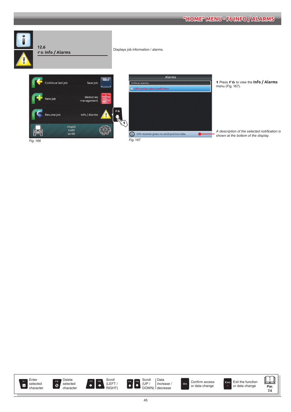 6 f6 info / alarms, Info / alarms, Home" menu - f6 info / alarms | ARAG Navigator LT User Manual | Page 45 / 68