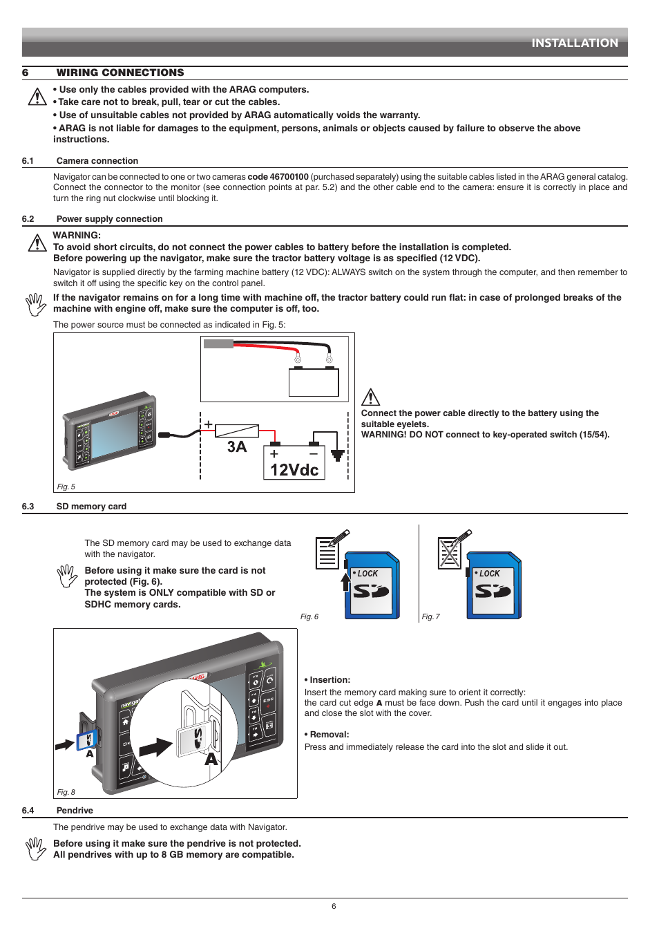 6 wiring connections, 1 camera connection, 2 power supply connection | 3 sd memory card, 4 pendrive, Camera connection, Power supply connection, Sd memory card, Installation | ARAG Navigator LT User Manual | Page 6 / 68
