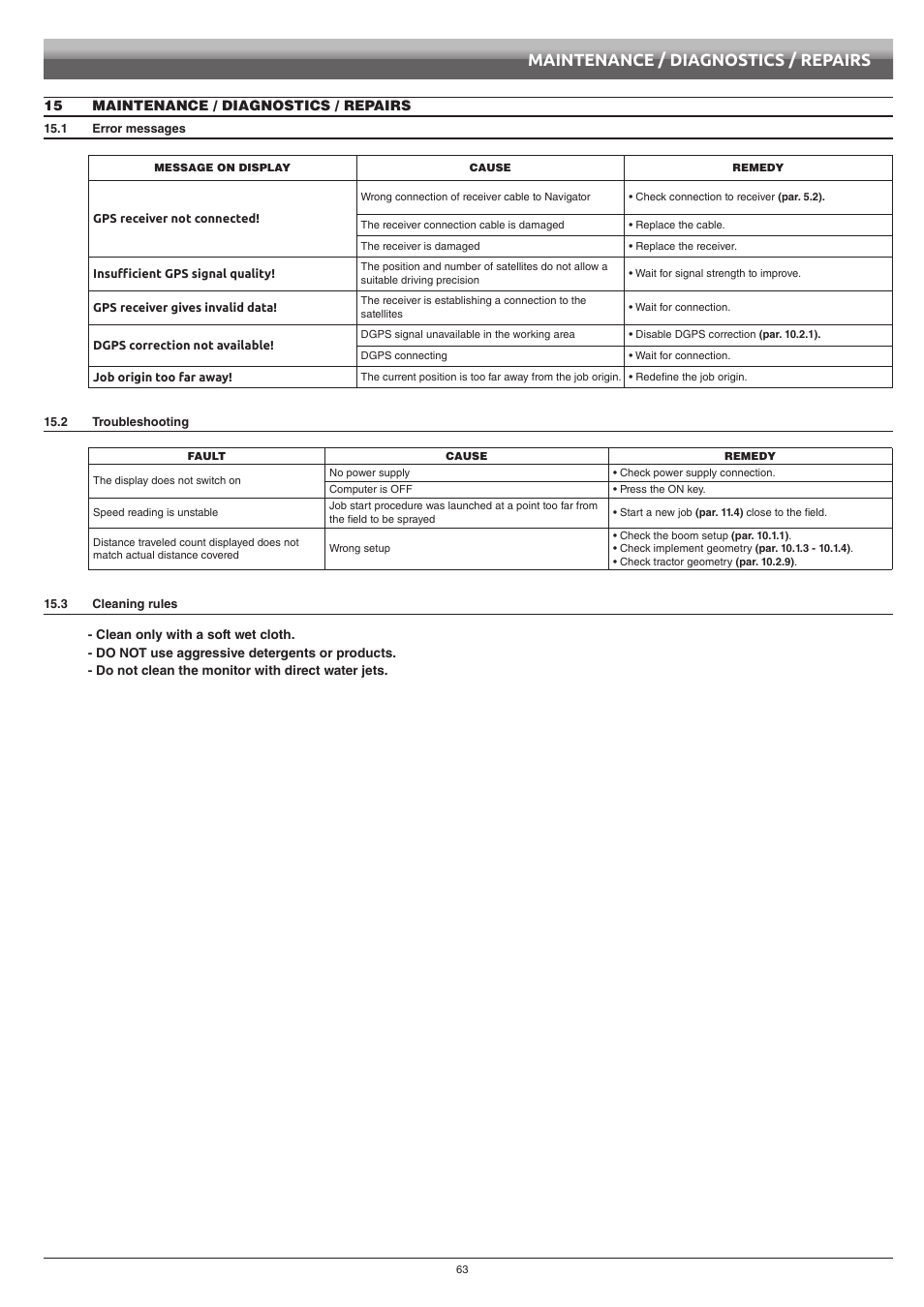 15 maintenance / diagnostics / repairs, 1 error messages, 2 troubleshooting | 3 cleaning rules, Maintenance / diagnostics / repairs | ARAG Navigator LT User Manual | Page 63 / 68