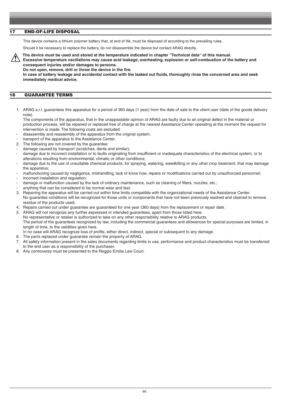 17 end-of-life disposal, 18 guarantee terms | ARAG Navigator LT User Manual | Page 66 / 68