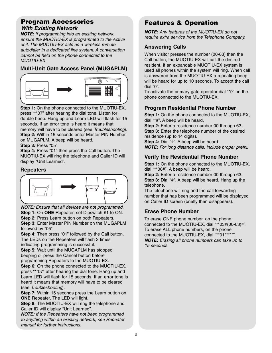 Program accessories, Features & operation | Chamberlain MUOTIU-EX User Manual | Page 2 / 4