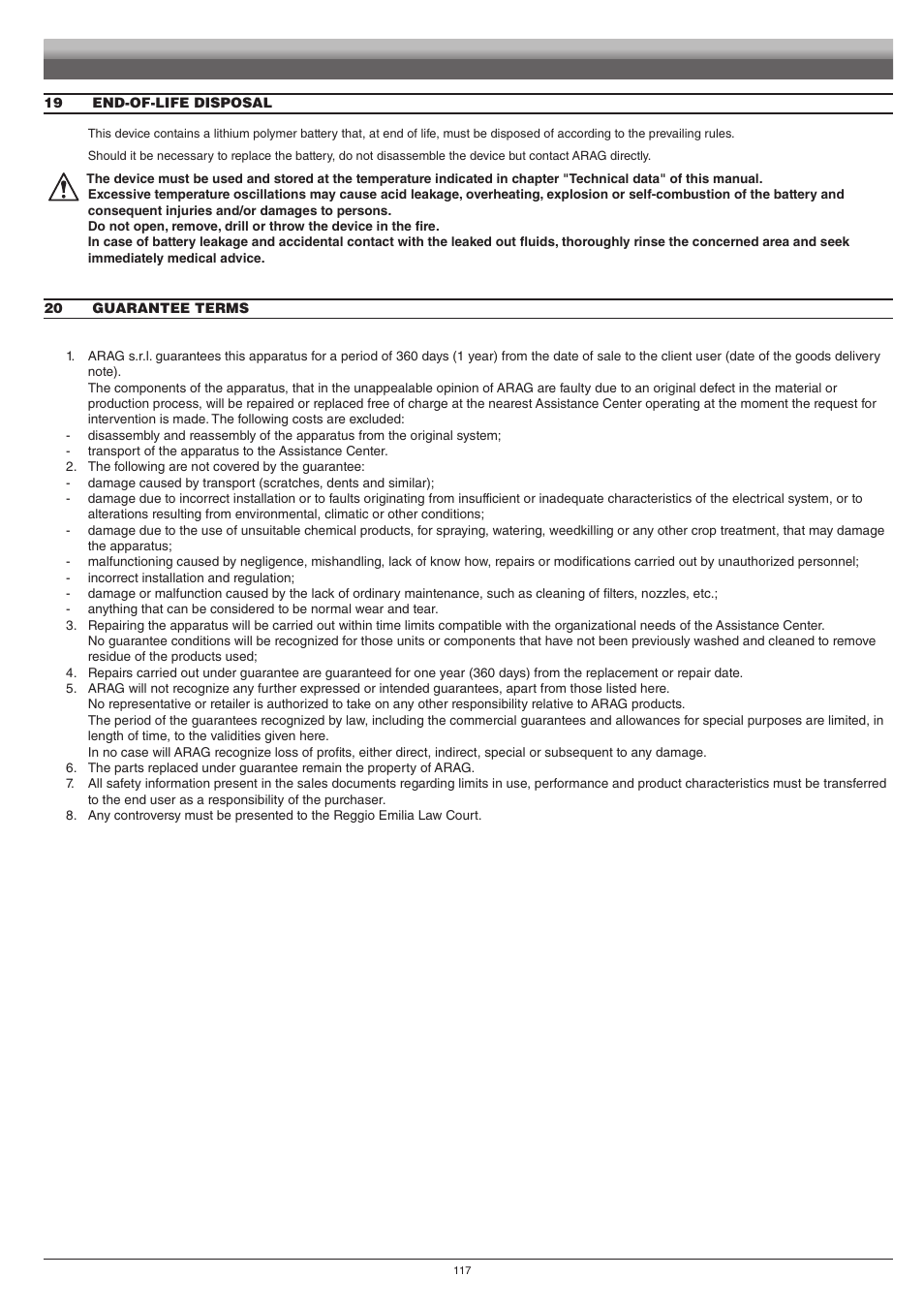 19 end-of-life disposal, 20 guarantee terms | ARAG Bravo 400S Seletron User Manual | Page 117 / 120