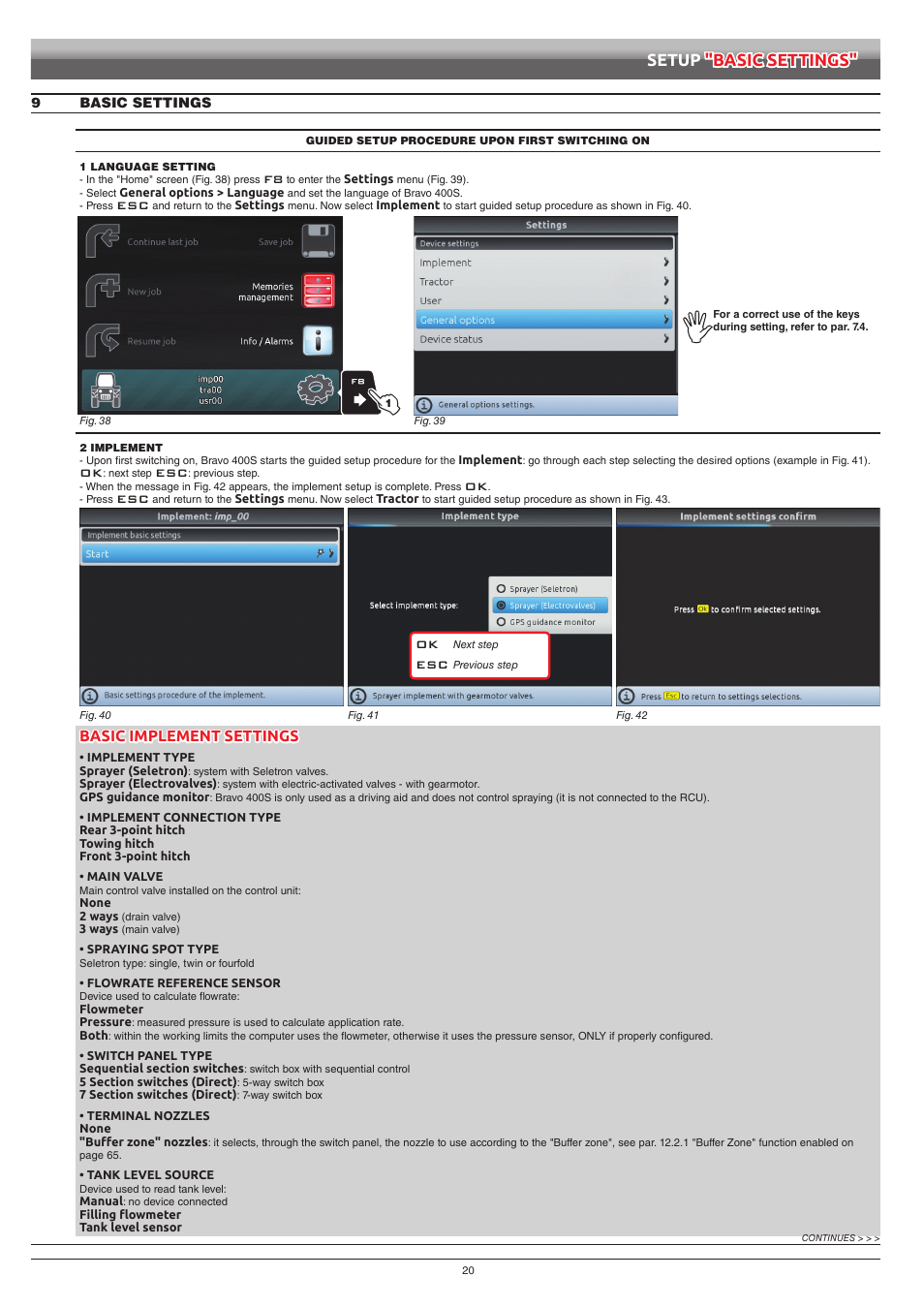 9 basic settings, Chap. 9, Basic settings | Setup "basic settings, Basic implement settings | ARAG Bravo 400S Seletron User Manual | Page 20 / 120