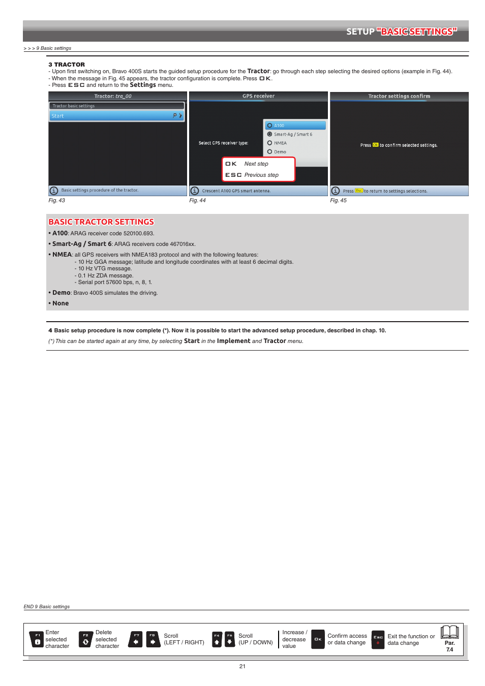 Wn in fig. 43, Setup "basic settings, Basic tractor settings | ARAG Bravo 400S Seletron User Manual | Page 21 / 120