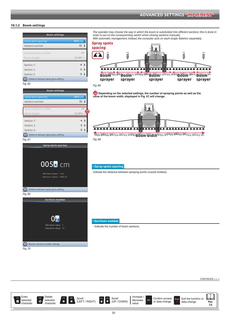 2 boom settings, Spray spots spacing, Sections number | Advanced settings "implement | ARAG Bravo 400S Seletron User Manual | Page 25 / 120