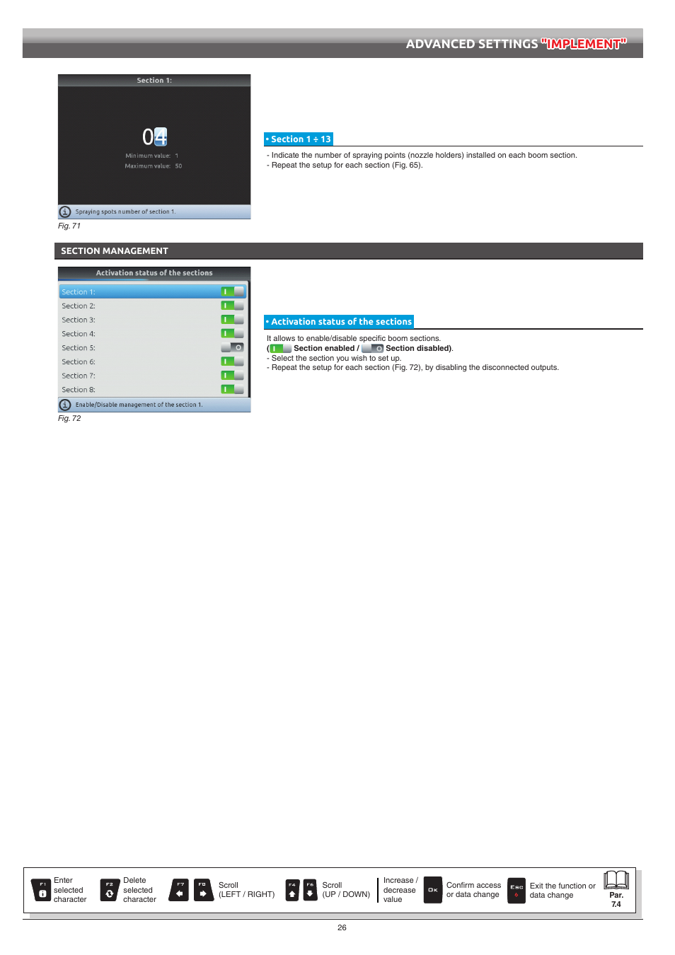 Section 1 ÷ 13, Section management, Activation status of the sections | Advanced settings "implement | ARAG Bravo 400S Seletron User Manual | Page 26 / 120