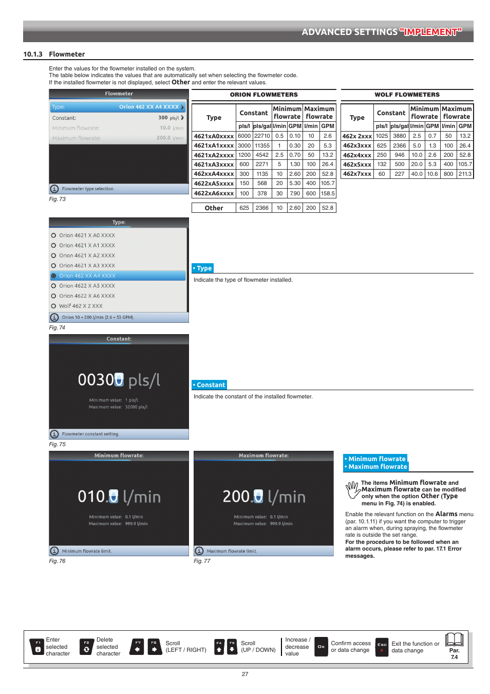 3 flowmeter, Type, Constant | Minimum flowrate • maximum flowrate, Advanced settings "implement | ARAG Bravo 400S Seletron User Manual | Page 27 / 120