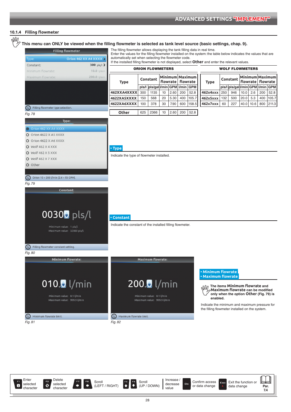 4 filling flowmeter, Type, Constant | Minimum flowrate • maximum flowrate, Advanced settings "implement | ARAG Bravo 400S Seletron User Manual | Page 28 / 120