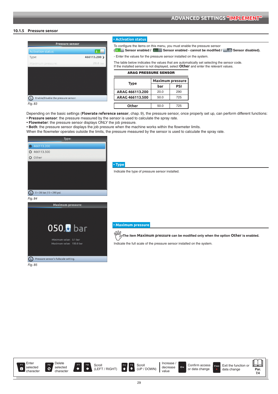 5 pressure sensor, Activation status, Type | Maximum pressure, Advanced settings "implement | ARAG Bravo 400S Seletron User Manual | Page 29 / 120