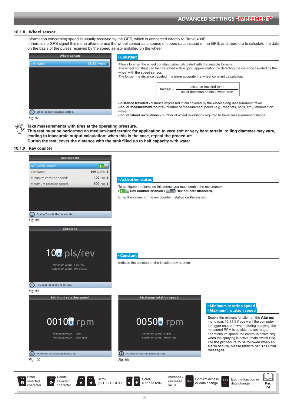 8 wheel sensor, Constant, 9 rev counter | Activation status, Minimum rotation speed • maximum rotation speed, Minimum rotation speed, Maximum rotation speed, Advanced settings "implement | ARAG Bravo 400S Seletron User Manual | Page 33 / 120