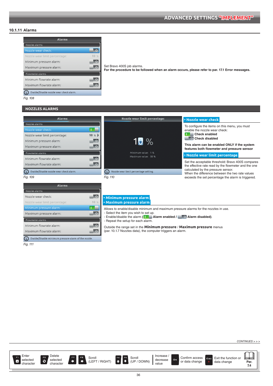 11 alarms, Nozzles alarms, Nozzle wear check | Nozzle wear limit percentage, Minimum pressure alarm • maximum pressure alarm, Minimum pressure alarm, Maximum pressure alarm, 11) if y, Advanced settings "implement | ARAG Bravo 400S Seletron User Manual | Page 36 / 120