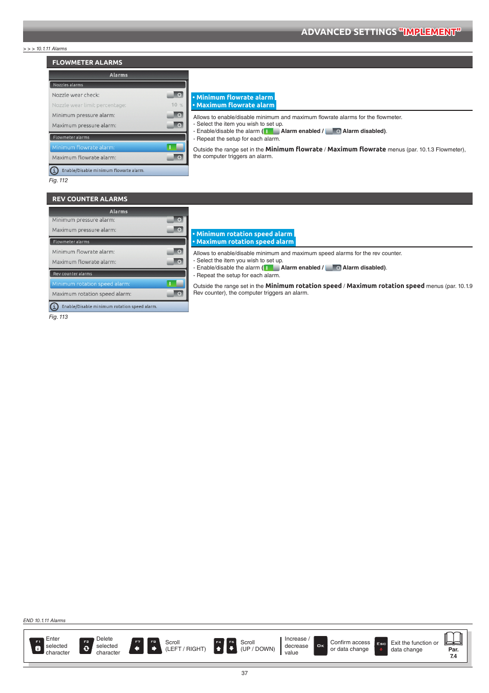 Flowmeter alarms, Minimum flowrate alarm • maximum flowrate alarm, Rev counter alarms | Minimum rotation speed alarm, Maximum rotation speed alarm, Advanced settings "implement | ARAG Bravo 400S Seletron User Manual | Page 37 / 120