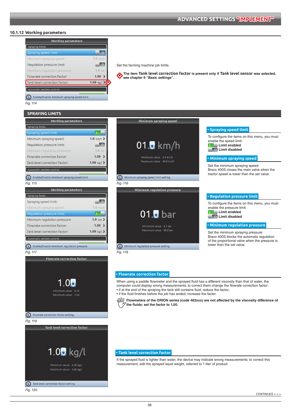 12 working parameters, Spraying limits, Spraying speed limit | Minimum spraying speed, Regulation pressure limit, Minimum regulation pressure, Flowrate correction factor, Tank level correction factor, Advanced settings "implement | ARAG Bravo 400S Seletron User Manual | Page 38 / 120