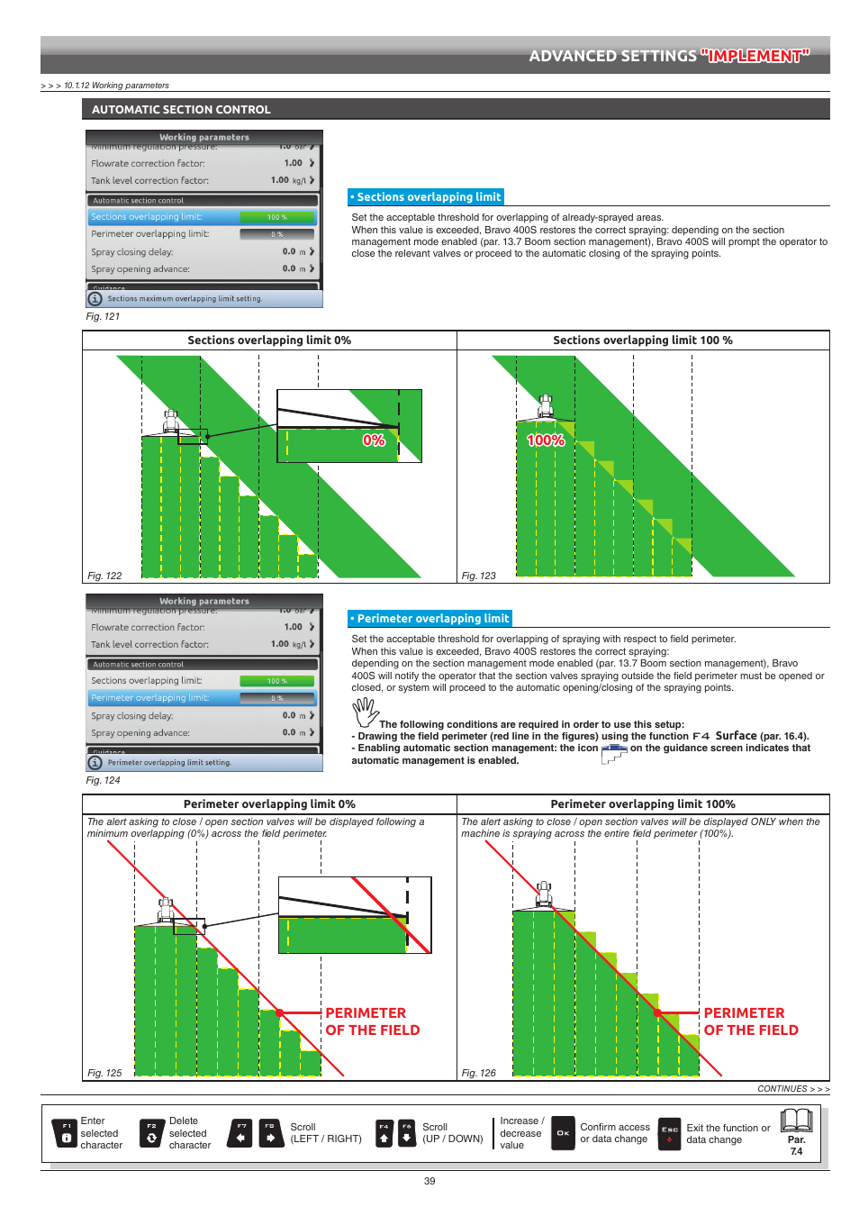 Automatic section control, Sections overlapping limit, Perimeter overlapping limit | Advanced settings "implement, Perimeter of the field | ARAG Bravo 400S Seletron User Manual | Page 39 / 120