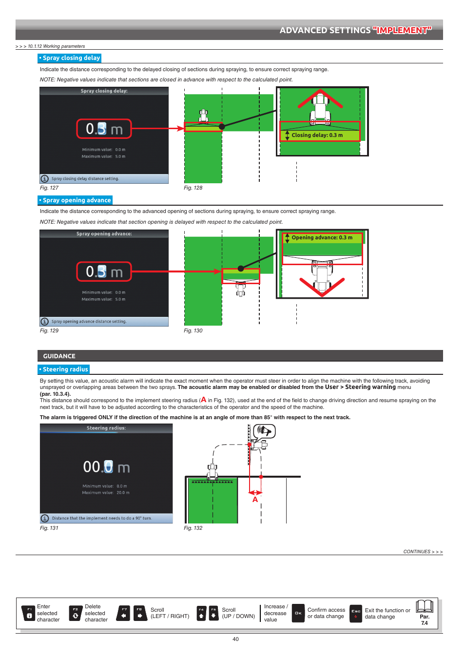 Spray closing delay, Spray opening advance, Guidance | Steering radius, Advanced settings "implement | ARAG Bravo 400S Seletron User Manual | Page 40 / 120