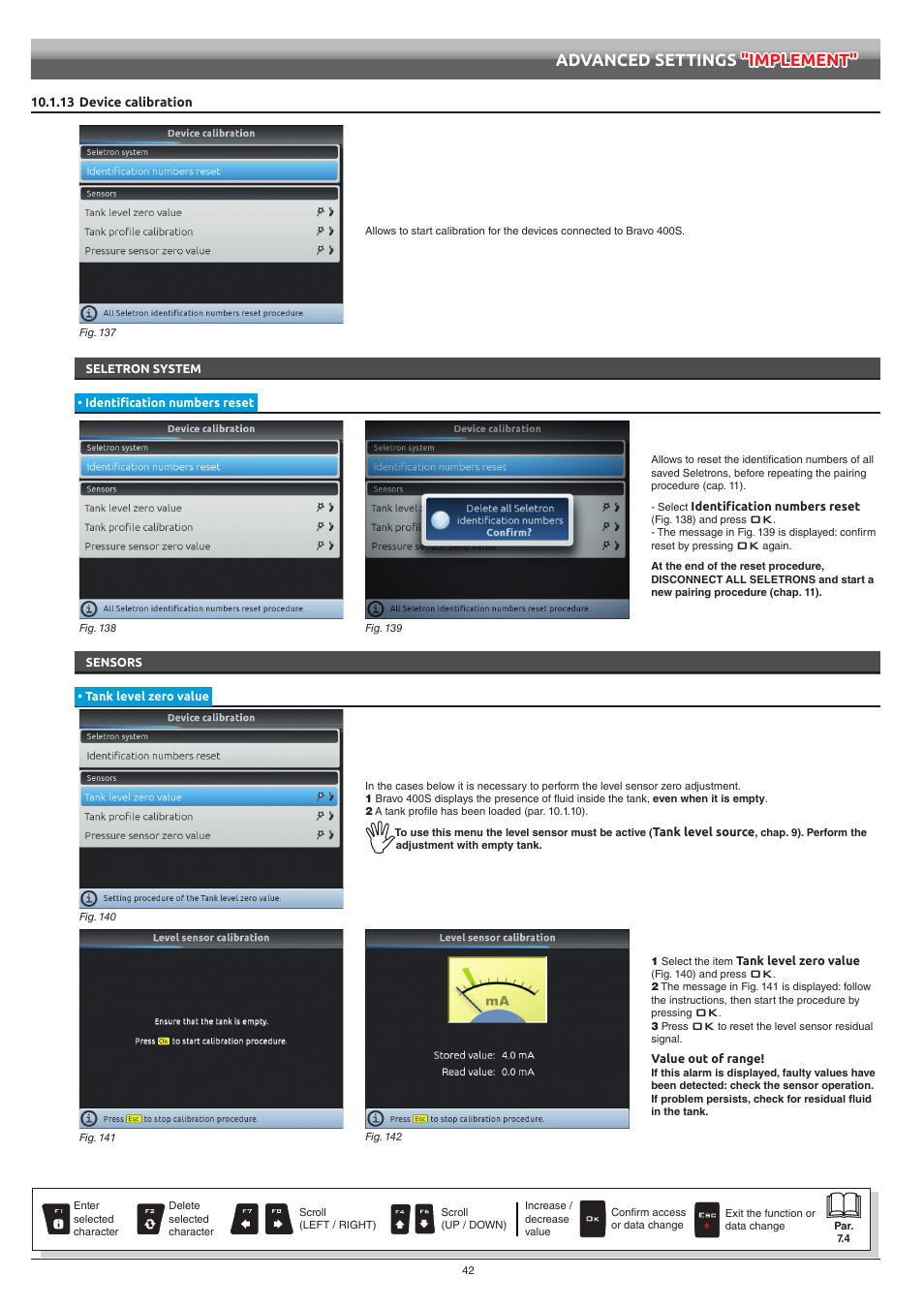 13 device calibration, Seletron system, Identification numbers reset | Sensors, Tank level zero value, Advanced settings "implement | ARAG Bravo 400S Seletron User Manual | Page 42 / 120