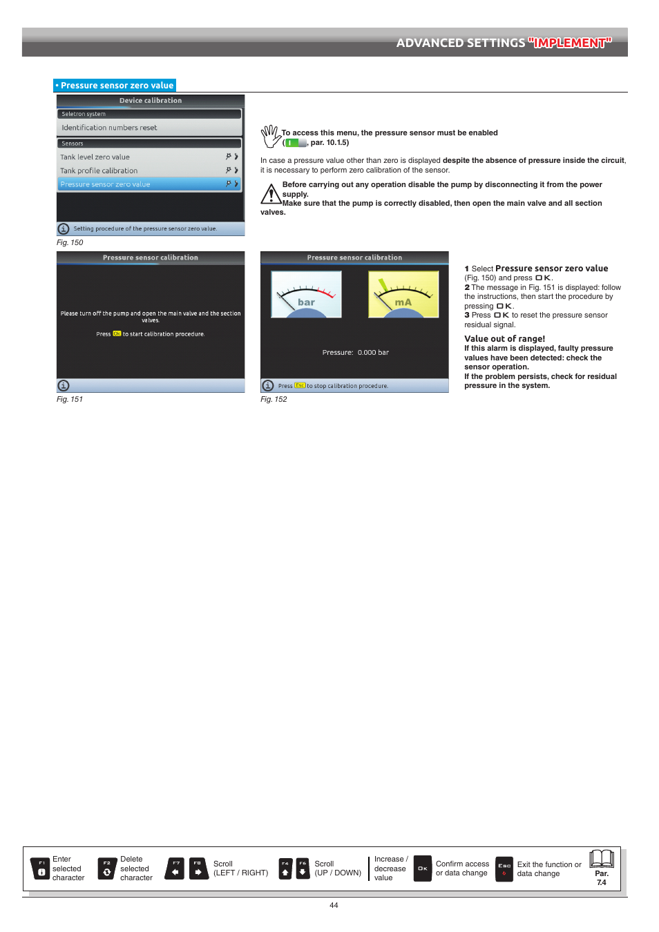 Pressure sensor zero value, Advanced settings "implement | ARAG Bravo 400S Seletron User Manual | Page 44 / 120