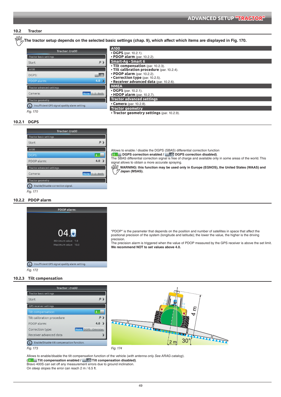 2 tractor, 1 dgps, 2 pdop alarm | 3 tilt compensation, 1 dgps 10.2.2 pdop alarm 10.2.3 tilt compensation, Advanced setup "tractor | ARAG Bravo 400S Seletron User Manual | Page 49 / 120