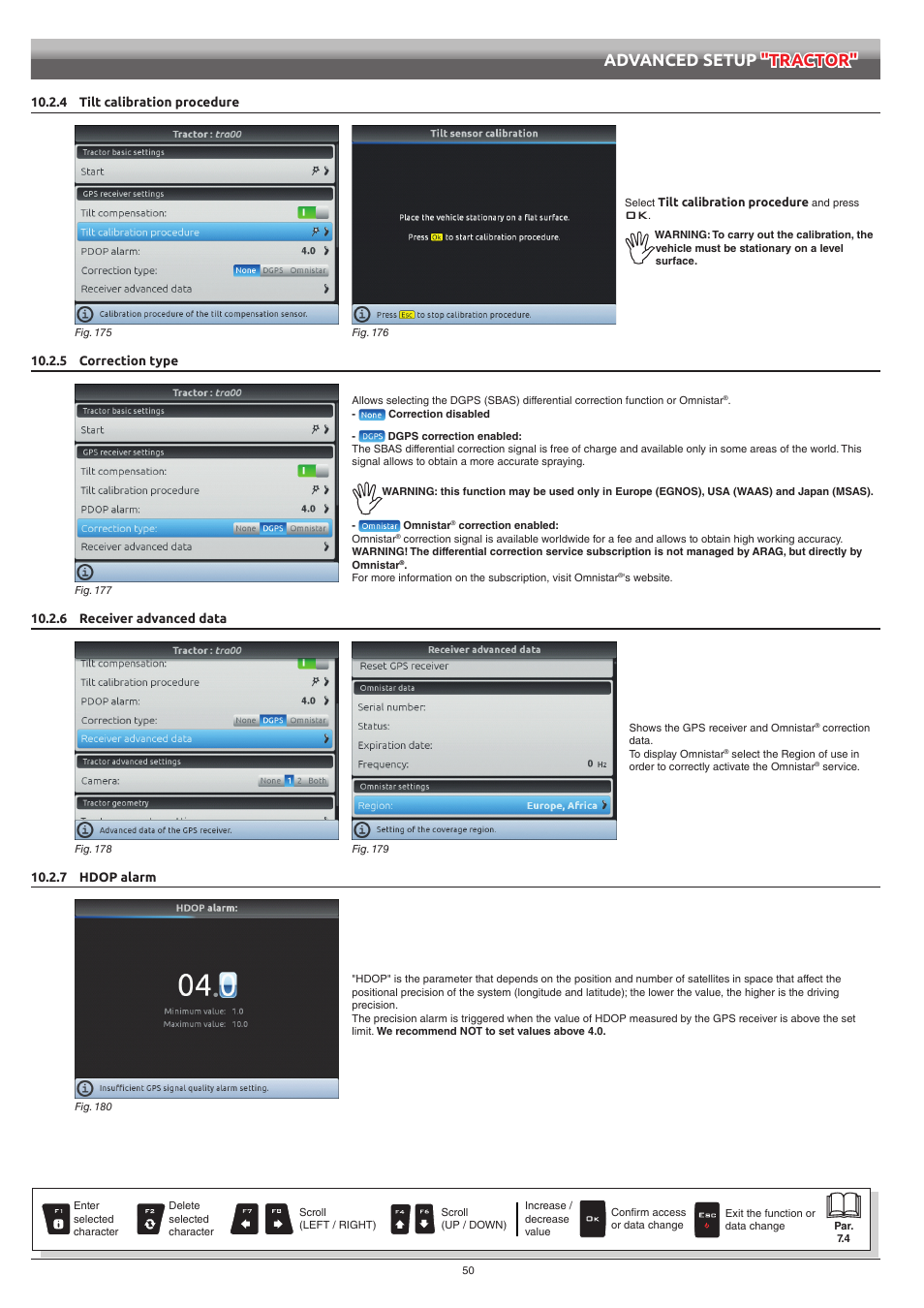 4 tilt calibration procedure, 5 correction type, 6 receiver advanced data | 7 hdop alarm, Advanced setup "tractor | ARAG Bravo 400S Seletron User Manual | Page 50 / 120