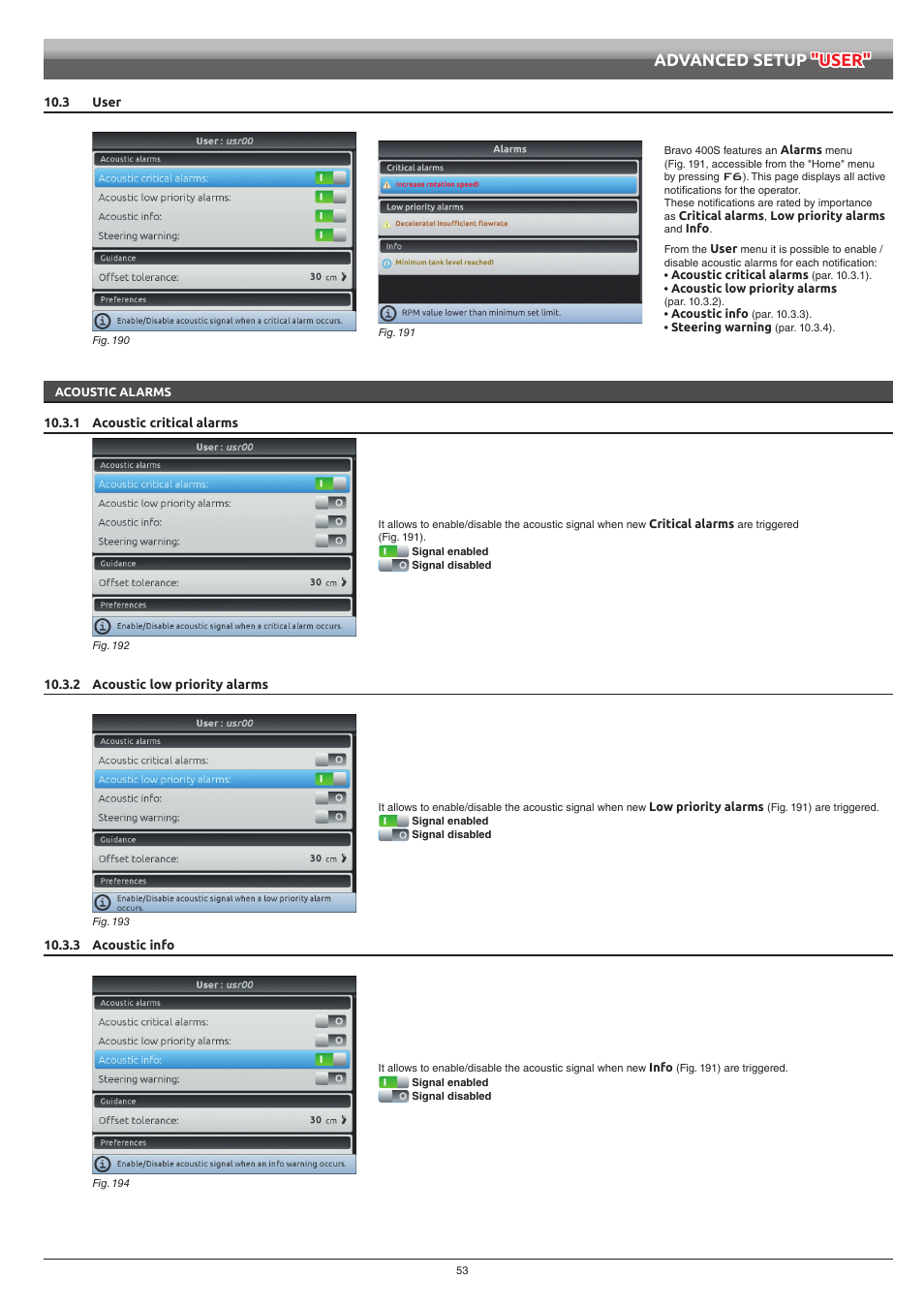 3 user, Acoustic alarms, 1 acoustic critical alarms | 2 acoustic low priority alarms, 3 acoustic info, Advanced setup "user | ARAG Bravo 400S Seletron User Manual | Page 53 / 120