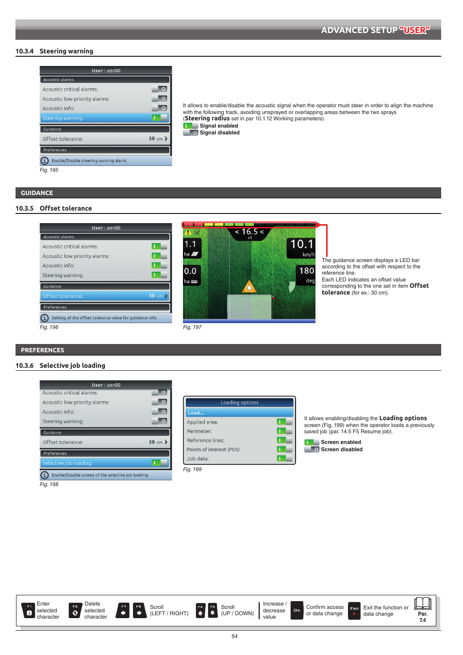 4 steering warning, Guidance, 5 offset tolerance | Preferences, 6 selective job loading, Advanced setup "user | ARAG Bravo 400S Seletron User Manual | Page 54 / 120