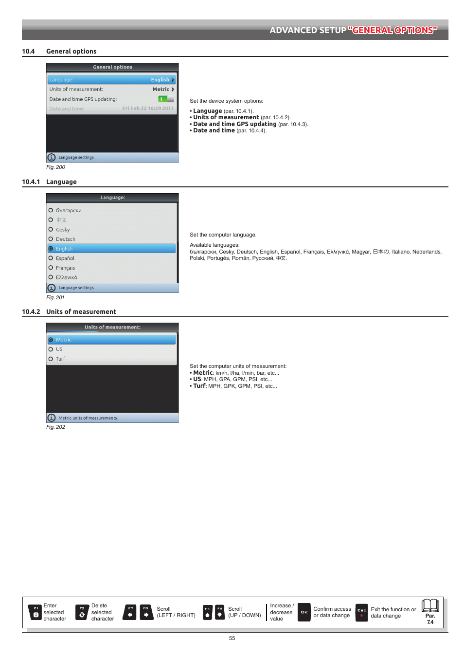 4 general options, 1 language, 2 units of measurement | 1 language 10.4.2 units of measurement, Advanced setup "general options | ARAG Bravo 400S Seletron User Manual | Page 55 / 120