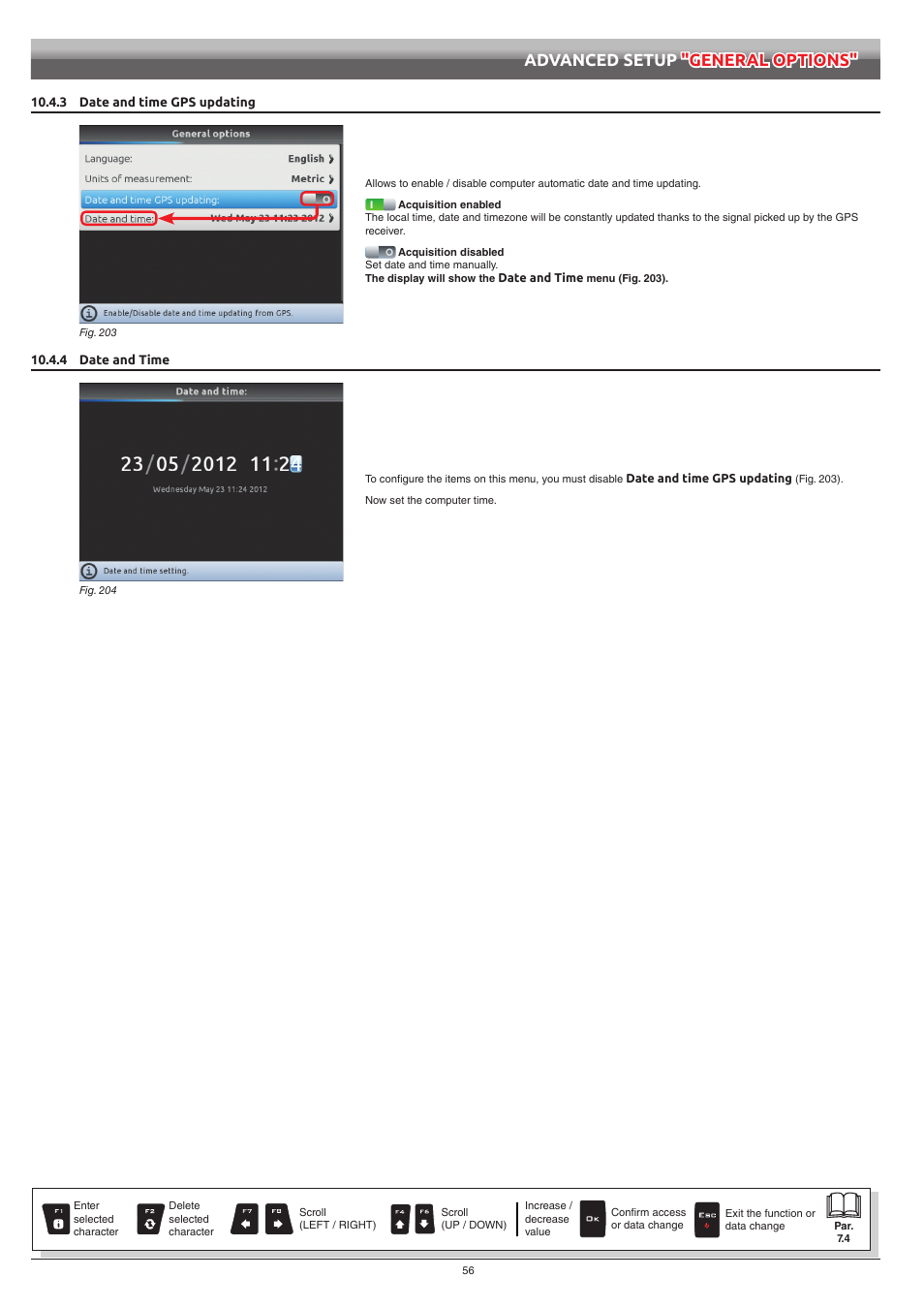 3 date and time gps updating, 4 date and time, 3 date and time gps updating 10.4.4 date and time | Advanced setup "general options | ARAG Bravo 400S Seletron User Manual | Page 56 / 120